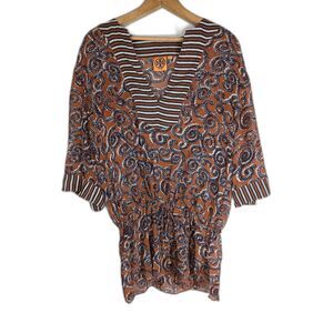Tory Burch Silk Sapello Tunic Top Sz XS/S Brown Navy Paisley V Neck 3/4 Sleeve